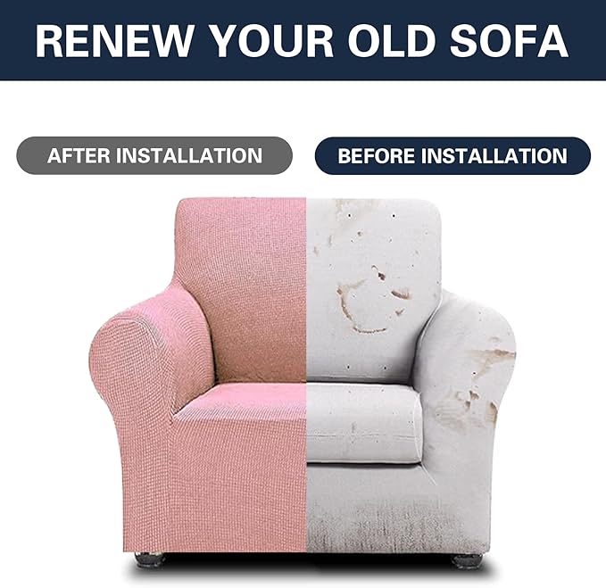 Cupuamon 2025 New Stretch Chair Sofa Slipcovers Couch Cover for 1 Seater Furniture Protector Sofa Covers with Elastic Bottom Jacquard Fabric Small Checks for Pets, Kids - Dusty Pink