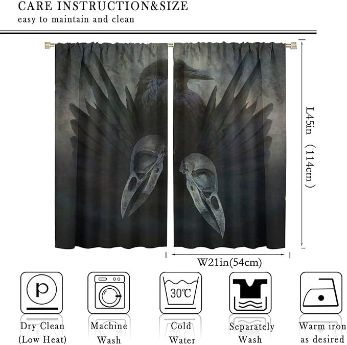 Gothic Blackout Window Curtains, Halloween Black Raven Crow Black Dark Wings Rod Pocket Window Treatments Drapes, for Living Room Bedroom 21(W)*45(L) 2 Panels