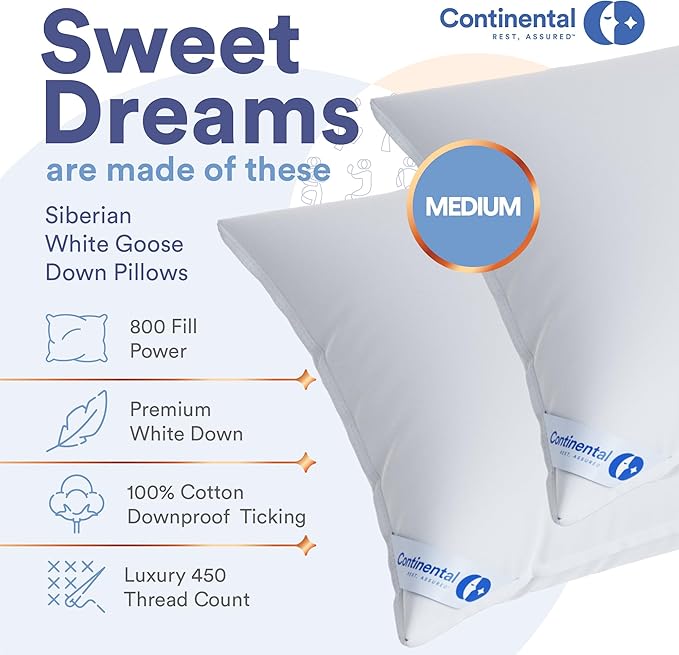 100% Siberian Goose Down Pillow - Medium Support Standard Size, Pack of 1 - Soft and Luxurious Siberian Down Pillow for Side & Stomach Sleepers, 800 FP, Fine Cotton Shell, USA-Made - Medium Loft