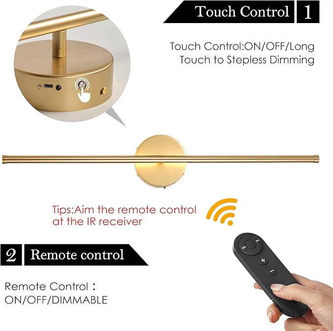 Battery Operated Wall Sconces, Dimmable Wall Sconces Set of Two, 350°Rotate, 3000K LED Gold Wireless Wall Light for Living Room, Bedroom, Hallway, 24.4 Inch (2 Pack)