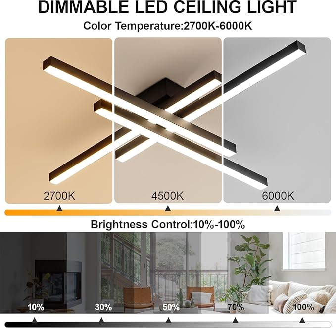 JAYMP Modern Ceiling Light with Remote, 43.3" Black Sputnik Ceiling Lamp, 64W Dimmable LED Lighting Fixture for Dining Room, Living Room, Kitchen Island, 4 Lights