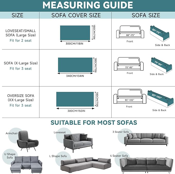 VClife Farmhouse Couch Cover for Sofa Soft Chenille Turquoise Sofa Cover Furniture Protector - Washable Home Sofa Slipcover for 2 Cushion Couch Sofa (71"X118") Gift for Christmas Thanksgiving Wedding