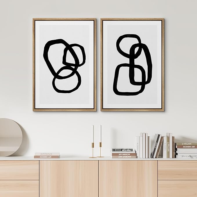 SIGNWIN Framed Canvas Print Wall Art Set Mid-Century Geometric Ring Collage Abstract Shapes Illustrations Modern Art Minimal Boho Relax/Calm for Living Room, Bedroom, Office - 24"x36"x2 Natural