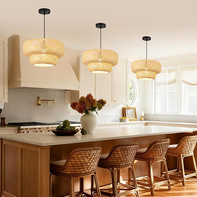 Bamboo Pendant Lights 13.8IN Farmhouse Chandelier Hand-Woven Natural Ceiling Hanging Lamp for Kitchen Island Living Room Bedroom Restaurant Dining Room