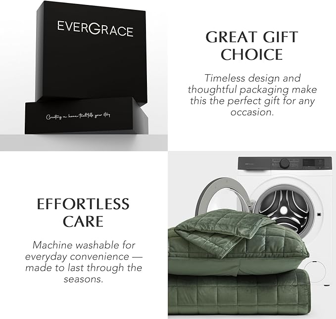 EVERGRACE Pearl Velvet Quilt Set King Size, Luxurious Soft Velvet Comforter Set, Lightweight Oversized Bedspread Coverlet, Box Stitch Quilted Bedding Sets for All Season, with 2 Shams, Olive Green
