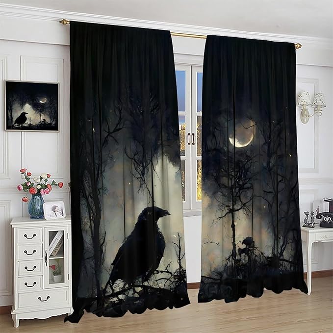 Gothic Halloween Crow Blackout Window Curtains, Black Birds Crow Crow Black Dark Decor Window Drapes, for Home Bedroom Living Room 42(W)*84(L) 2 Panels