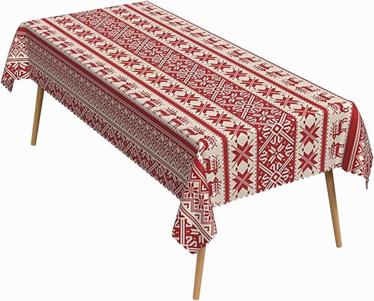 70x140 Inch Christmas Rectangle Tablecloth Reindeer Snowflake Red Stripe Ethnic Style Table Cloth Washable Durable Table Cover for Kitchen Dining Banquet Ugly Christmas Sweater Party Decor