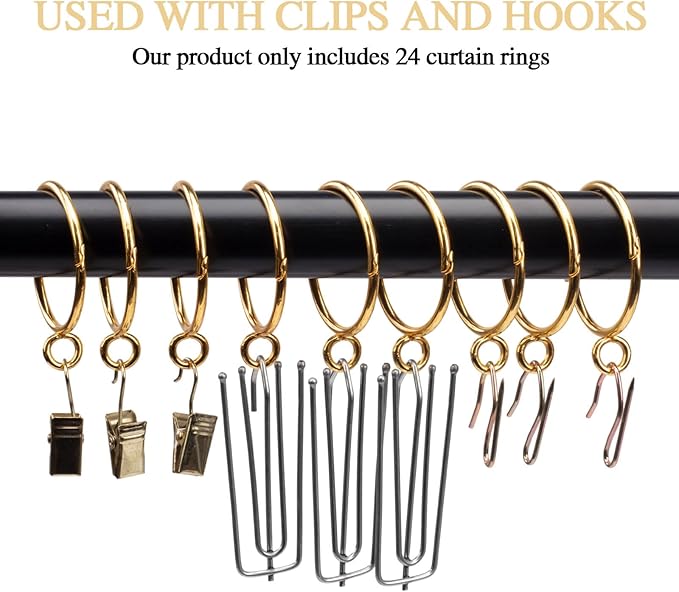 Openable Curtain Rings with Eyelet,24PCS Curtain Rings,Drapes Rings 3 in Interior Diameter,Hinge Snap-Joint Design, Fits Curtain Rods Up to 2 Inches Gold TXZWJZ