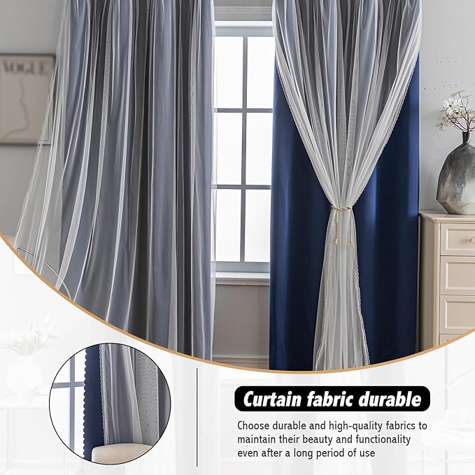 Anytime Home Curtains Blackout and Sheer Layered Solid Window Curtain Panel Pair with Grommet Top, 52Wx72L,Navy Blue