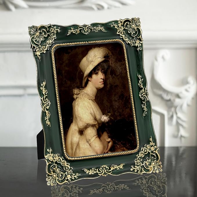 Green Picture Frame 5x7 Vintage Picture Frames Antique Ornate Baroque Victorian Handcrafted for Tabletop or Wall Display with Glass Front