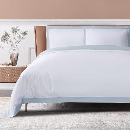 THE COTTON & SILK® 100% Luxury Long-Staple Cotton Duvet Cover - Soft & Breathable - Include 1 Duvet Cover with Corner Ties & Hidden Zipper - White + Misty Blue, King/California King Size
