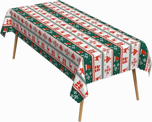 52x70 Inch Xmas Rectangle Tablecloth Reindeer Snowflakes Christmas Element Stripe Table Cloth Washable Durable Table Cover for Kitchen Dining Banquet Ugly Christmas Sweater Party Decor