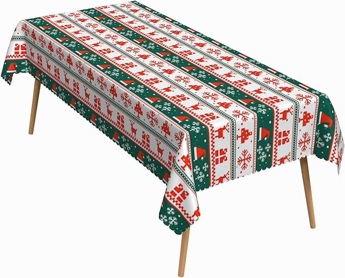 60x120 Inch Xmas Rectangle Tablecloth Reindeer Snowflakes Christmas Element Stripe Table Cloth Washable Durable Table Cover for Kitchen Dining Banquet Ugly Christmas Sweater Party Decor