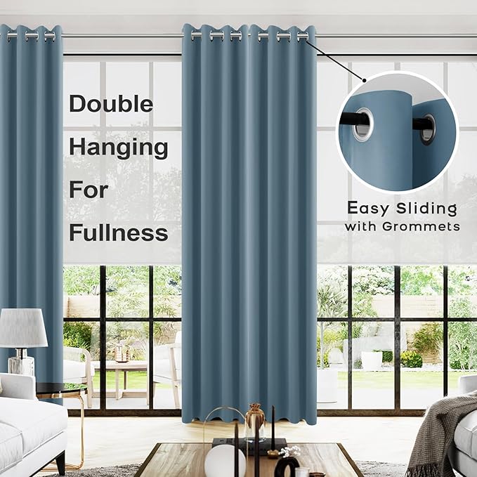 KOUFALL 108 Inch Blackout Curtains,Room Darkening Thermal Living Room Drapes 108 Inches Long 2 Panels Set,Stone Blue