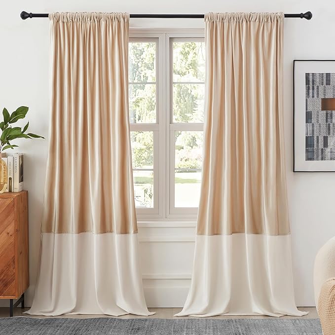 Velvet Curtains for Living Room Champagne Ivory 102 inches Long,2 Panels Blackout Curtains Modern Color Block Back Tab Rod Pocket Soundproof Drapes for Bedroom Window Decor