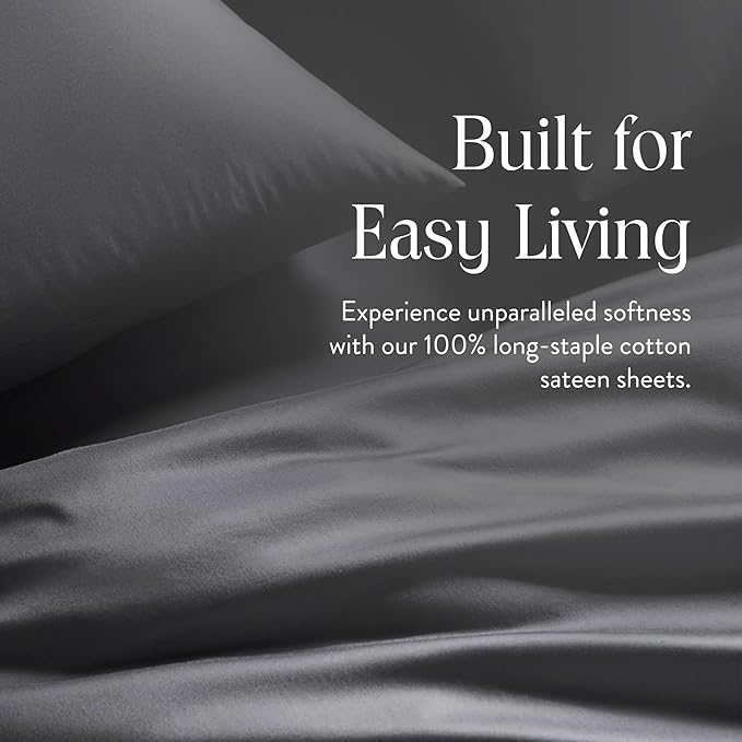 Brooklinen Luxury Sateen 4 Piece Sheet Set - 100% Cotton Bed Sheets, Soft & Durable Twin Sheets Set in Slate Grey, Oeko-TEX Certified Bedding Set, 1 Fitted Sheet, 1 Flat Sheet, 2 Pillowcases