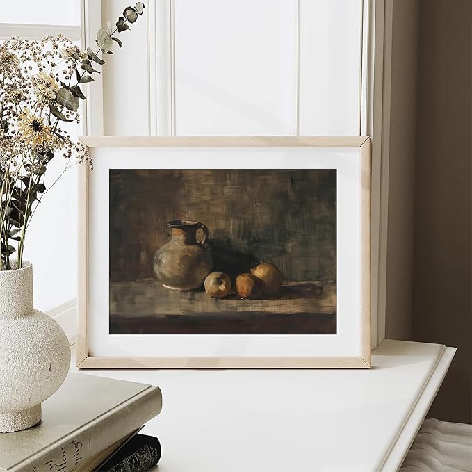 XOCUUI Farmhouse Still Life Picture Living Room - Rustic Vintage Decor for Bedroom - Peach Fruit Dining Room Moody Muted Oil Painting Art Deco Wall Art for Kitchen - 11 x 14 No Frame