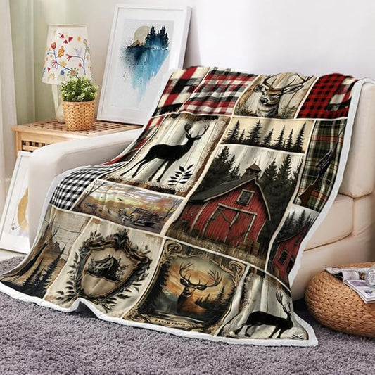 Rustic Cabin Throw Blankets, Farmhouse Animal Deer Cozy Warm Bed Couch Blanket, Plaid White Fleece Flannel Throws to Decorate The Room and Bedroom