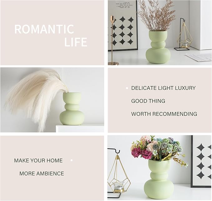 Ceramic Vase Green Modern Dried Flower Vase, Matte Pampas Flower Vases, Boho Home Decor for Centerpiece Wedding Dinner Table Party Living Room Office Bedroom, Housewarming Gift