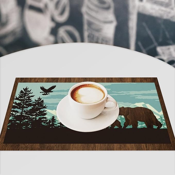 Rustic Bear Placemat Set of 6, 12x18 Inch Retro Blue Wooden Wildlife Animal Forest Pine Tree Cabin Country Lodge Coffee Table Mats for Farmhosue Outdoor Kitchen Dining Table Decoration