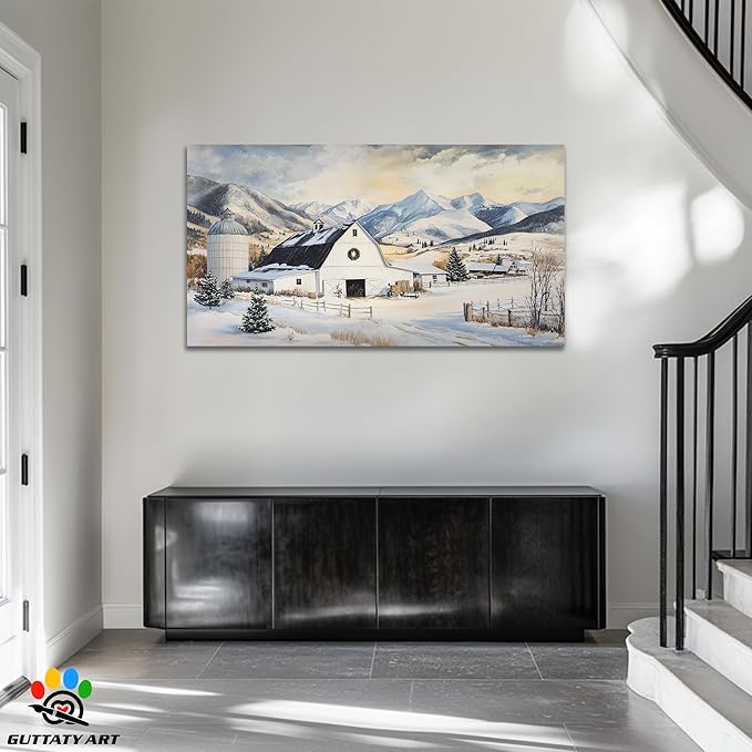 GUTTATY Christmas Winter Farm Canvas Wall Art, Snowy Mountain Scene Canvas Prints, Rustic Barn Painting Pictures for Living Room, Holiday Wall Decor, Country Landscape Poster Artwork, 60x30 Inch