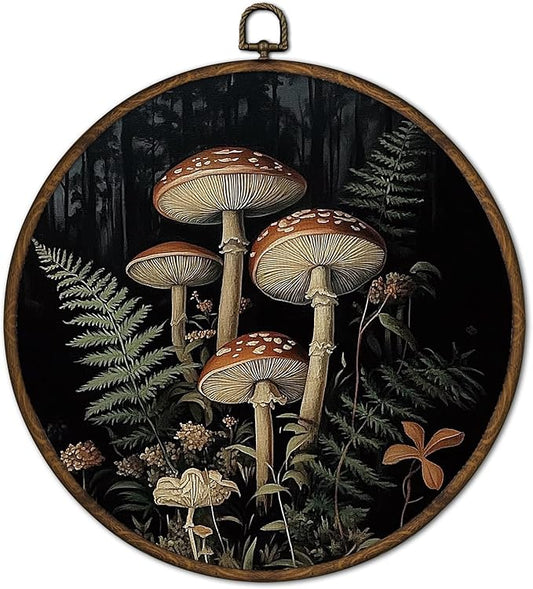 cvjutf Dark Cottagecore Mushroom Wall Art Framed, Witchy Mushrooms Round Wall Decor,Mushroom Kitchen Decor, Moody Farmhouse Botanical Canvas Prints Art for Bedroom Bathroom Living Room, 10x10 Inch