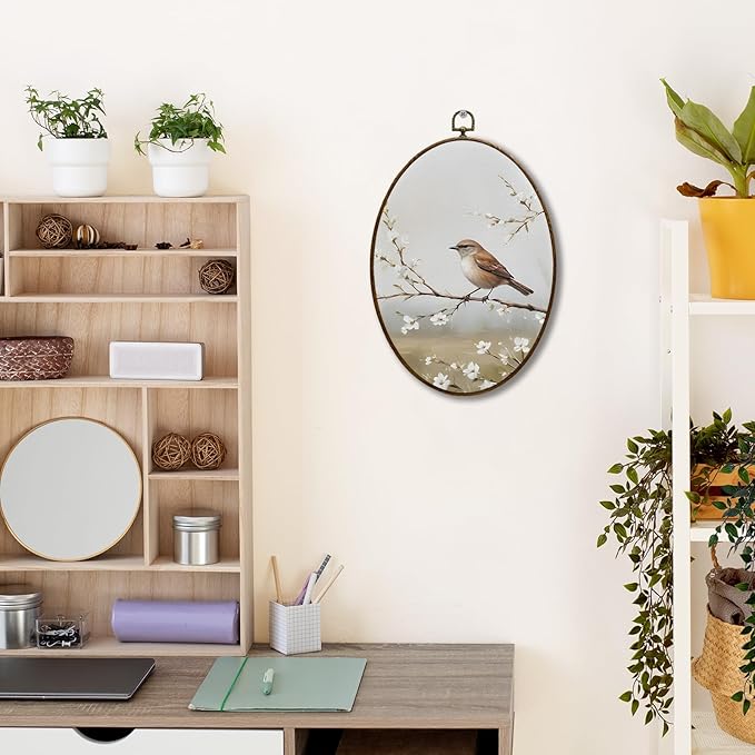 JQF Bird Oval Wall Decor, Farmhouse Rustic Sparrow Floral Oval Canvas Wall Art, Cottagecore Bird on Floral Branch Framed Prints Hanging Decor for Home Bedroom Living Room, 8.5x11.5 Inch