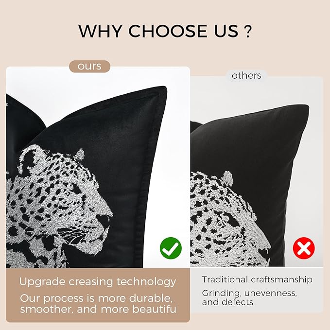 Throw Pillow Cover 18x18'' - Luxe Velvet Silver Leopard Embroidered Pillow Cover, Wrinkle & Fade Resistant, Decorative Cushion Cover for Sofa, Bed Bedroom Living Room