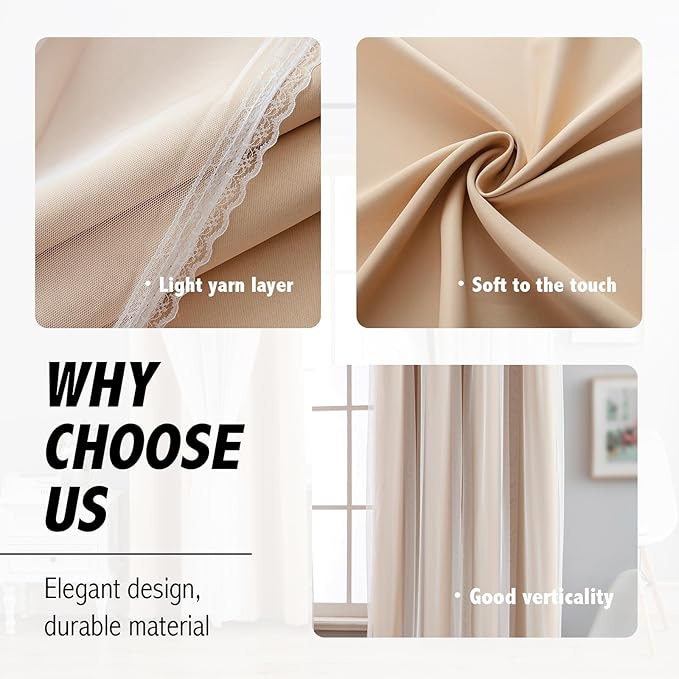 Anytime Home Curtains Blackout and Sheer Layered Solid Window Curtain Panel Pair with Grommet Top, 52Wx84L,Beige