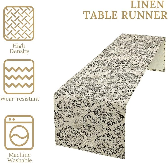 Damask Floral Table Runner, Vintage Black White Royal Floral Antique Gothic Dark Flower Table Runner for Kitchen Dining Weddings Party Decor 13x72in