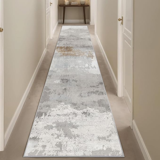 Enkor Runner Rugs for Hallway, 2x10 Washable Soft Non Slip Abstract Rugs for Kitchen, Modern Mat for Entryway Living Room Bedroom Brown & Grey