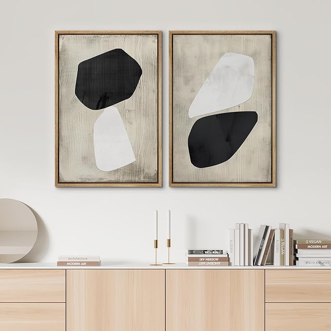 SIGNWIN Framed Canvas Print Wall Art Set Mid-Century Grunge Duotone Polygons Abstract Shapes Illustrations Minimal Decorative Nordic Zen Bohemian for Living Room, Bedroom, Office - 24"x36"x2 Natural