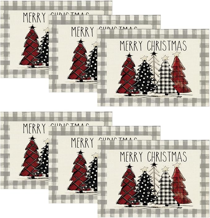 Artoid Mode Watercolor Grey Buffalo Plaid Christmas Trees Placemats Set of 6, 12x18 Inch Winter Table Mats for Party Kitchen Dining Decoration