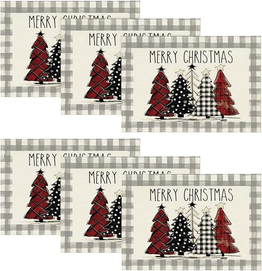 Artoid Mode Watercolor Grey Buffalo Plaid Christmas Trees Placemats Set of 6, 12x18 Inch Winter Table Mats for Party Kitchen Dining Decoration