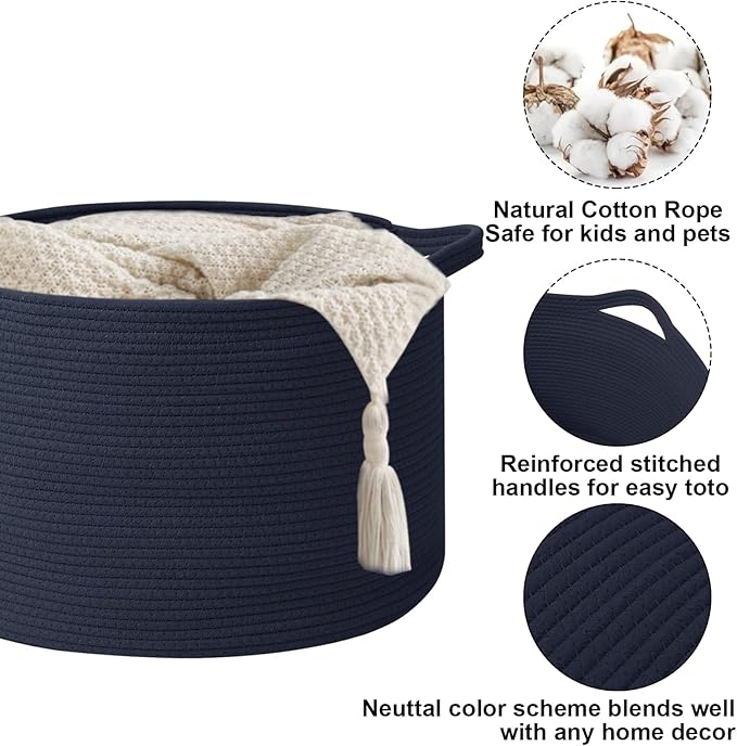 Large Blanket Basket for Organizing,115L Closet Organizers and Storage Bins Box for Shelves Woven Rope Storage Baskets,Living Room,Bedroom,Dorm,Laundry room (Dark Blue)