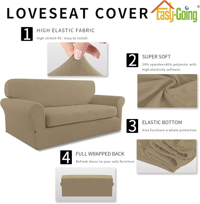 Easy-Going 2 Pieces Microfiber Stretch Sofa Slipcover Spandex Soft Fitted Sofa Couch Cover, Washable Furniture Protector with Elastic Bottom Kids, Pet (Medium, Tan)