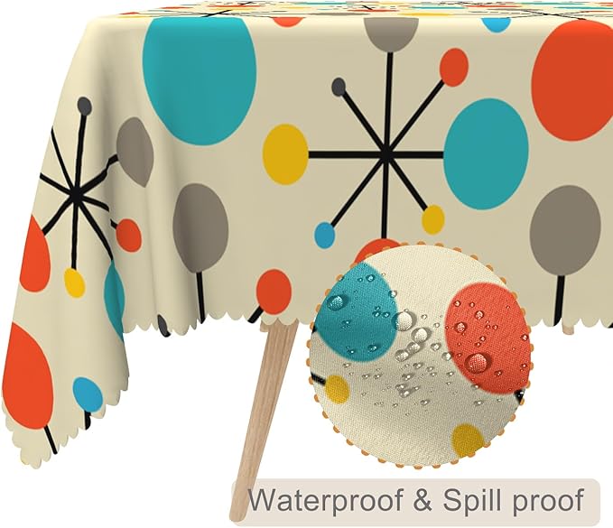 54x108inches Mid Century Tablecloth Modern Atomic Retro Table Cloth Water Resistant Oil Proof Rectangle Table Cover for Dining Room Kitchen Home Decorations Indoor and Outdoor Party Picnic