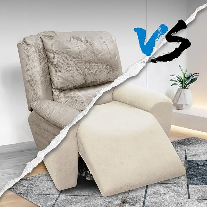 Chair Covers 4-Pieces Recliner Chair Covers 1 Seater Cover for Recliner Chair Leather Look Recliner Slipcovers with Pockets Furniture Covers(Recliner, Ivory)