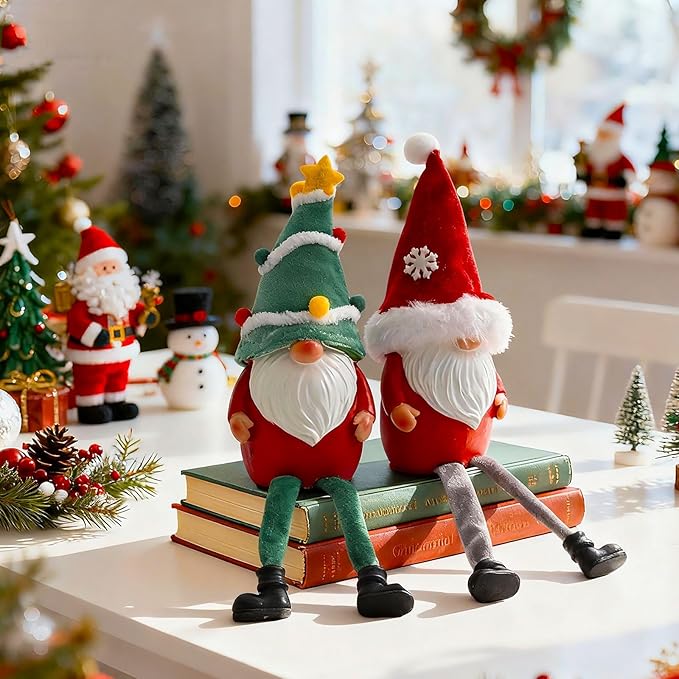 Resin Christmas Gnomes Decoration - 2PCS Xmas Long Dangle Leg Winter Gnomes Handmade, Gift Swedish Scandinavian Santa Claus Collectible Figurines for Home Table Ornament, Tiered Tray Decor