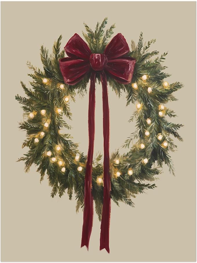 Vintage Burgundy Bow Christmas Wreath Wall Art Prints,Rustic Holiday Poster,Cozy Winter Greenery Decor,Christmas Cottagecore Prints