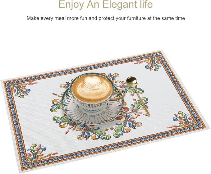 Boho Tiles Placemat Set of 6, 12x18 Inch Rustic Floral Birds Mexican Talavera Ceramic Mexico Tiles Dia De Los Muertos Coffee Vintage Table Mats for Outdoor Kitchen Dining Table Decoration