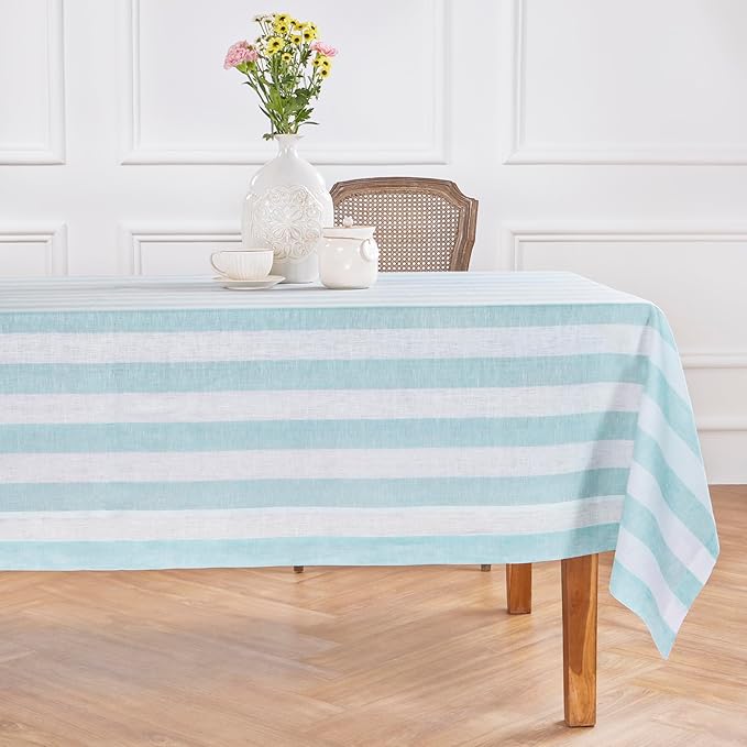 Solino Home Linen Striped Tablecloth 60 x 120 Inch - 100% Pure Linen Aqua and White Table Cloth for Rectangle Tables - Cabana Stripe, Machine Washable Tablecloth
