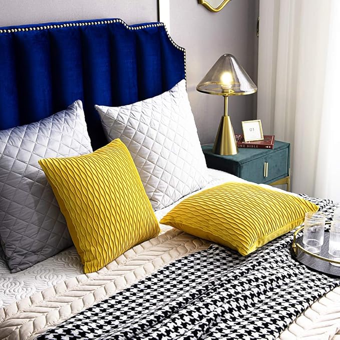 Mustard Yellow Couch Pillow Covers: 2 Pack 22x22 Inch Original Striped Velvet Square Throw Pillow Cases for Farmhouse Home Decor
