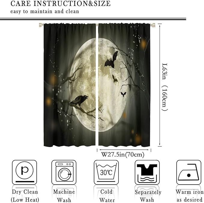 Gothic Halloween Full Moon Blackout Curtains, Gothic Halloween Night Black Bat Crow Print Window Drapes, for Kids Boys Bedroom Living Room 27.5(W)*63(L) 2 Panels