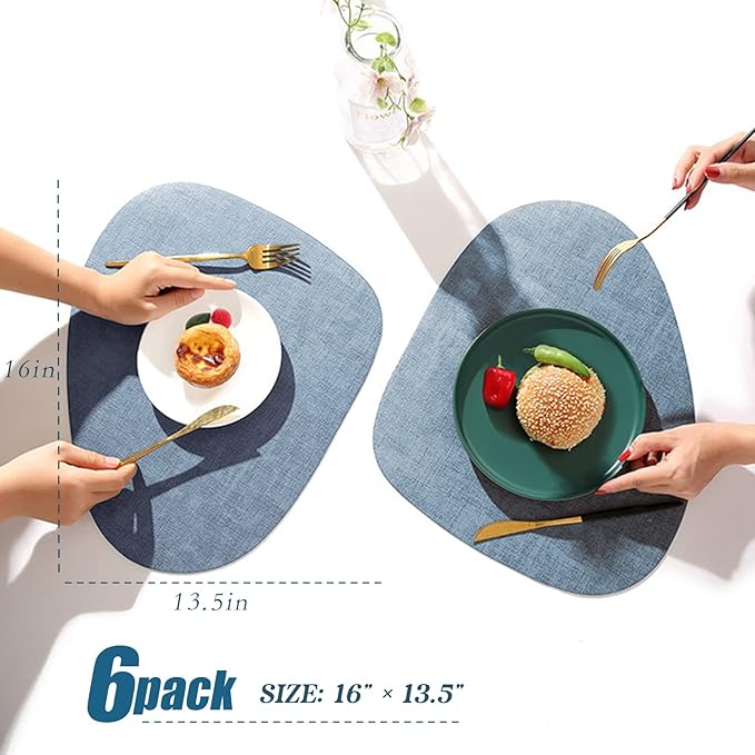 6 Pack Faux Leather Placemats Set,Blue PU Dining Table Mats,Wipeable Easy to Clean Stain Resistant Heat Resistant Waterproof Place Mats Durable Plate Mats for Table Nordic Style