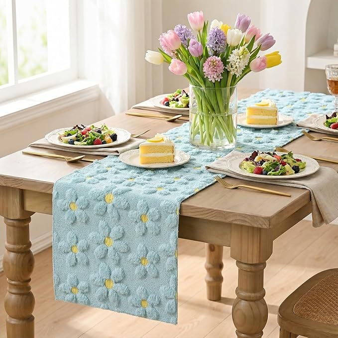 Artoid Mode Blue Soft Plush Faux Fur Jacquard Embroidery Daisy Spring Table Runner, Kitchen Dining Table Decoration for Home Party Decor 13x36 Inch