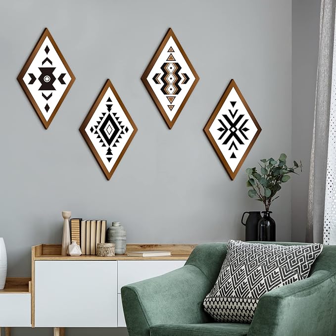 Nuenen 6 Pcs Aztec Wall Decor, Farmhouse Southwest Home Decor, Boho Wall Art Western Geometric Diamond Frame Hanging Aztec Print Abstract Shape Wood Modern Art Decoration for Bedroom Bathroom Office