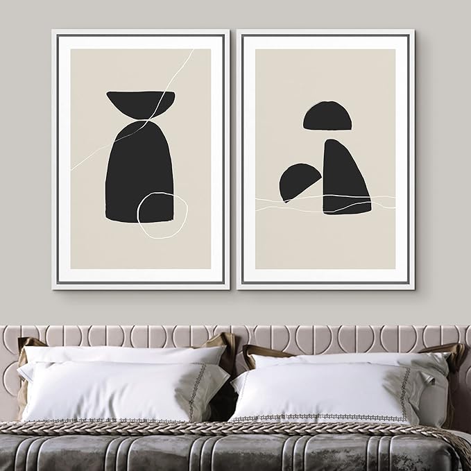 SIGNWIN Framed Canvas Print Wall Art Set Black Tan Mid-Century Figures Abstract Shapes Illustrations Modern Art Decorative Nordic Multicolor for Living Room, Bedroom, Office - 16"x24"x2 White