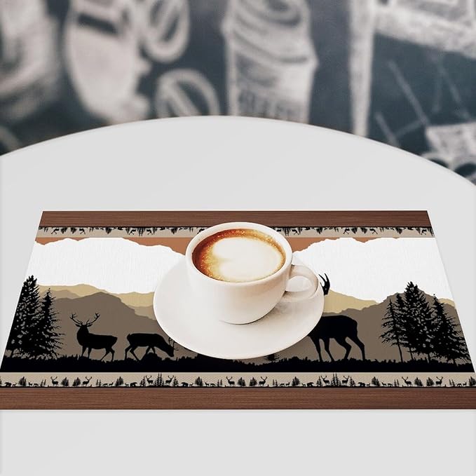 Bear Deer Placemat Set of 6, 12x18 Inch Retro Farmhosue Wildlife Aniamal Wooden Forest Tree Cabin Country Lodge Brown Coffee Table Mats for Outdoor Kitchen Dining Table Decoration