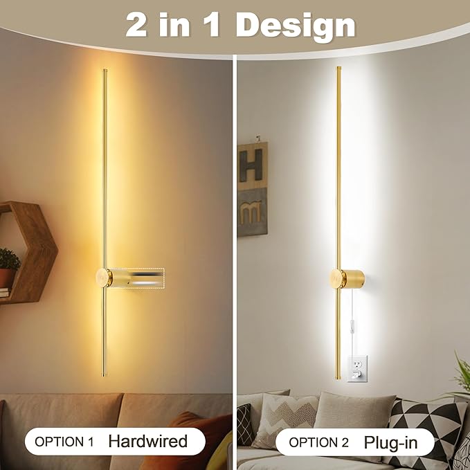 Wall Sconces Set of Two with Remote, Stepless Colors 3000K-6500K & Stepless Dimming, Hardwire or Plug-in, 180° Rotate, LED Gold Plug in Wall Sconces with Timer & Night Light, 39.4 Inches